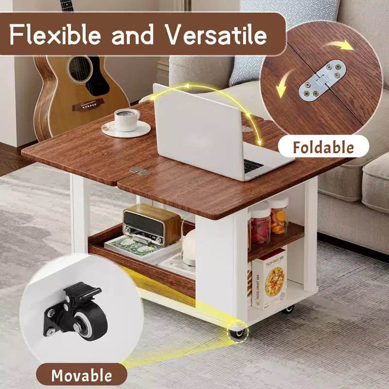Table basse moderne multifonctionnelle JVNOXK de 70 cm, table d'appoint de rangement multi-niveaux avec plateau pliable et roulettes lisses, blanc et noyer