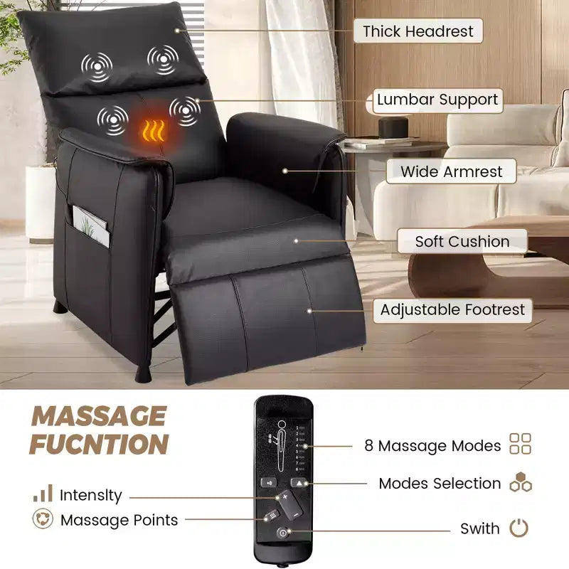 Canapé-lit avec fonctions de massage et de chauffage, adapté au salon ou au bureau - Fauteuil inclinable individuel réglable en cuir PU - Siège de cinéma maison