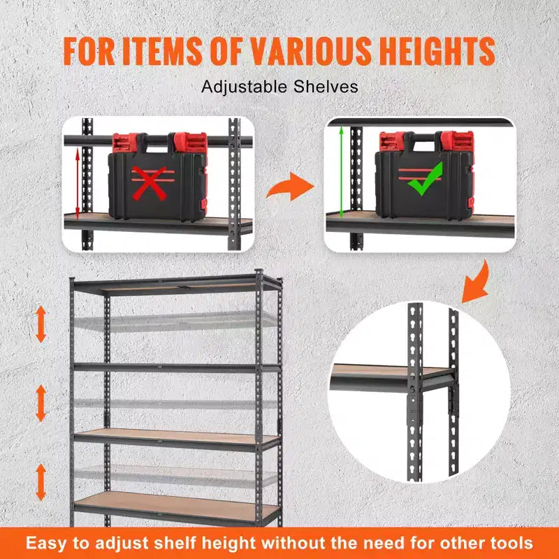 Étagère de rangement VEVOR, 5 niveaux réglables, capacité de 907 kg, étagères de garage robustes, organisateur en métal, rayonnage utilitaire, noir, 45,7 P x 121,9 L x 182,9 H cm