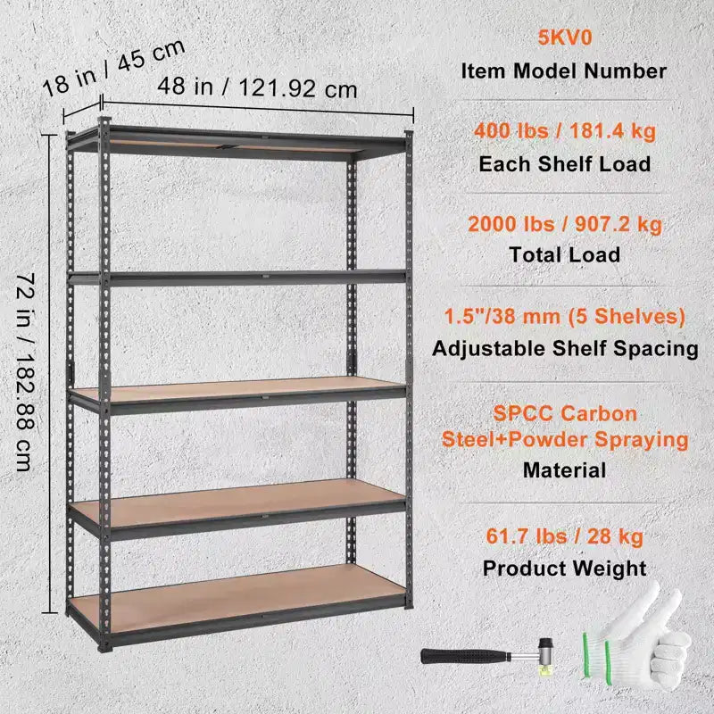 Étagère de rangement VEVOR, 5 niveaux réglables, capacité de 907 kg, étagères de garage robustes, organisateur en métal, rayonnage utilitaire, noir, 45,7 P x 121,9 L x 182,9 H cm