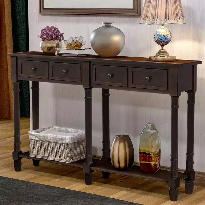 Console rustique de 147 cm avec deux tiroirs et une étagère, table d'appoint de canapé vintage pour salon ou entrée