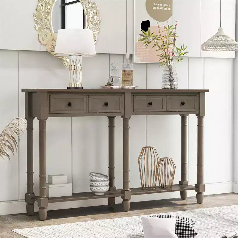 Console rustique de 147 cm avec deux tiroirs et une étagère, table d'appoint de canapé vintage pour salon ou entrée