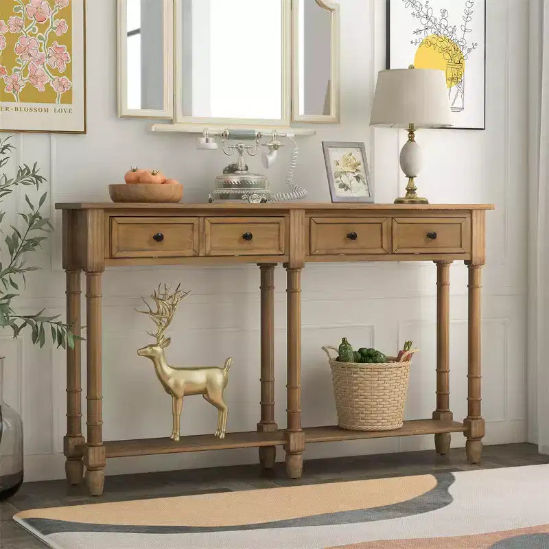 Console rustique de 147 cm avec deux tiroirs et une étagère, table d'appoint de canapé vintage pour salon ou entrée