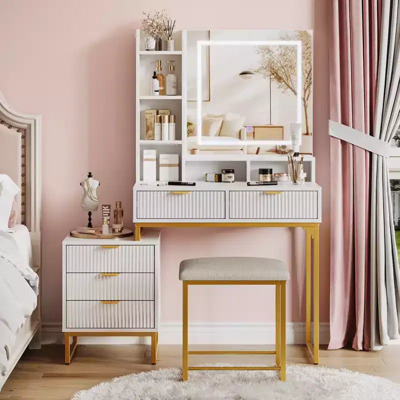 White and gold vanity set with lighted mirror, three modes, five drawers, detachable side cabinet, four-tier open shelves, and cushioned stool