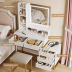 Coiffeuse blanche et or avec miroir éclairé, trois modes d'éclairage, cinq tiroirs, un meuble latéral amovible, quatre étagères ouvertes et un tabouret capitonné