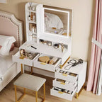 Coiffeuse blanche et or avec miroir éclairé, trois modes d'éclairage, cinq tiroirs, un meuble latéral amovible, quatre étagères ouvertes et un tabouret capitonné