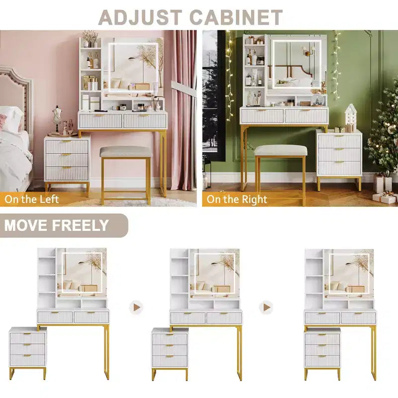 Coiffeuse blanche et or avec miroir éclairé, trois modes d'éclairage, cinq tiroirs, un meuble latéral amovible, quatre étagères ouvertes et un tabouret capitonné