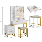 Coiffeuse blanche et or avec miroir éclairé, trois modes d'éclairage, cinq tiroirs, un meuble latéral amovible, quatre étagères ouvertes et un tabouret capitonné
