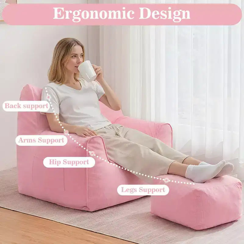 Hommpa Fauteuil poire ergonomique en velours côtelé en forme de chat avec ottoman pour adultes - Canapé ergonomique en peluche, siège de jeu et de détente