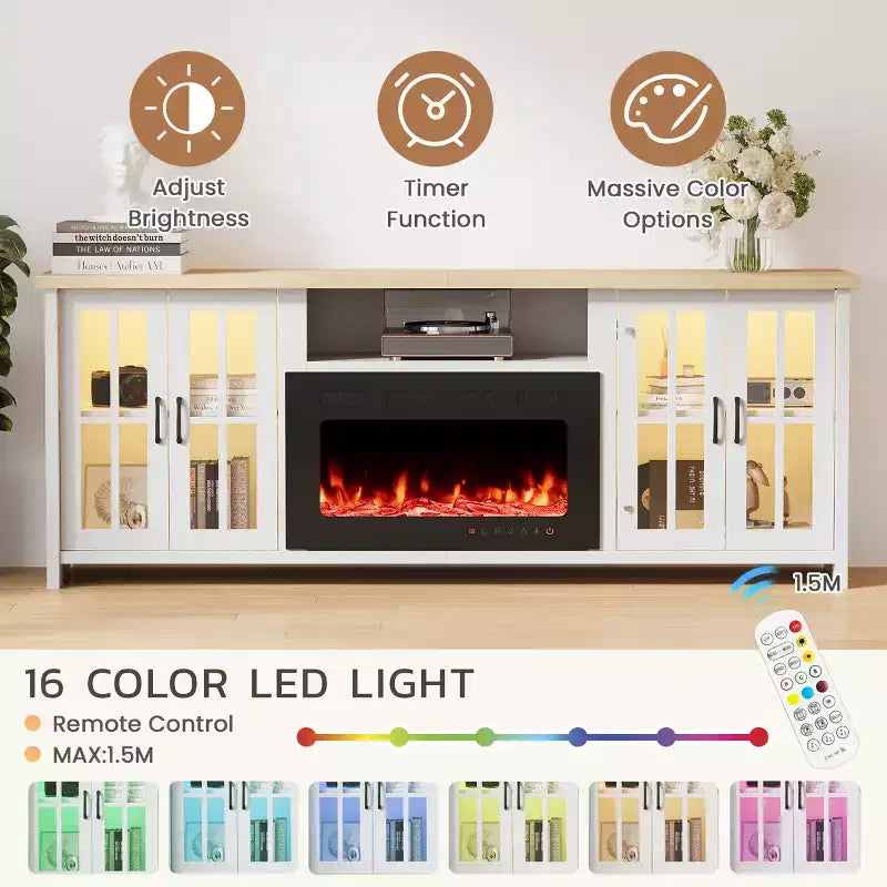 Meuble TV EROMMY 78 avec cheminée pour téléviseurs jusqu'à 90 pouces, meuble TV de style ferme avec grand espace de rangement, lumières LED et étagères réglables