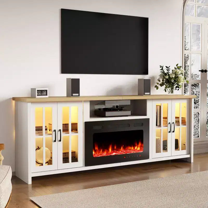 Meuble TV EROMMY 78 avec cheminée pour téléviseurs jusqu'à 90 pouces, meuble TV de style ferme avec grand espace de rangement, lumières LED et étagères réglables