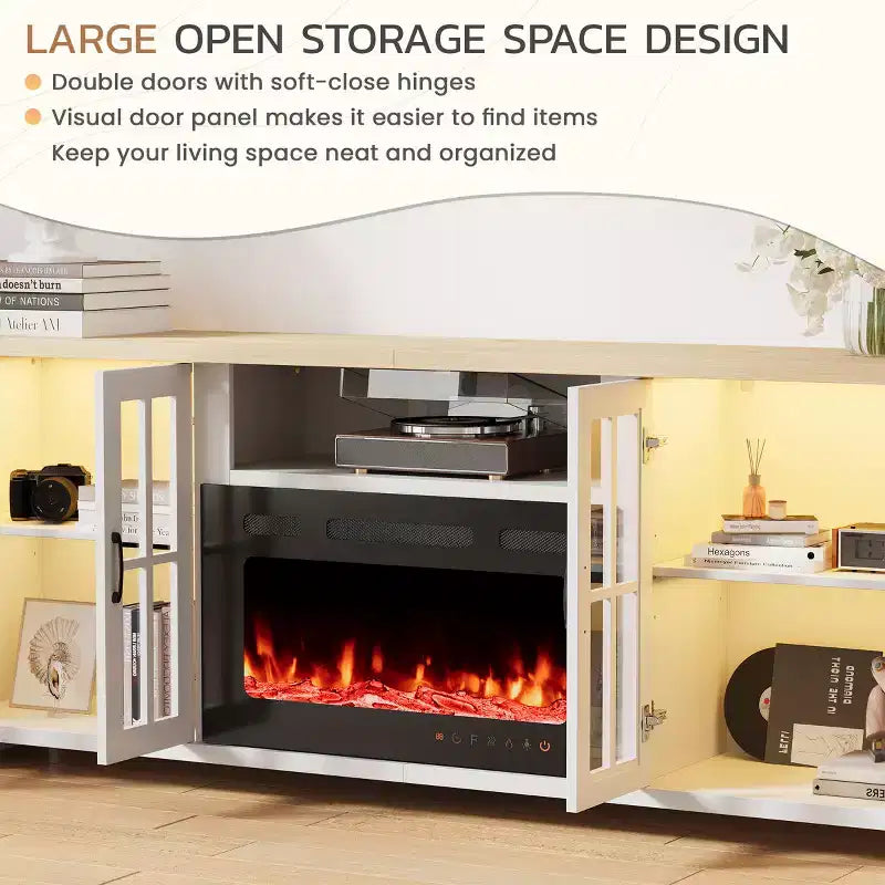 Meuble TV EROMMY 78 avec cheminée pour téléviseurs jusqu'à 90 pouces, meuble TV de style ferme avec grand espace de rangement, lumières LED et étagères réglables