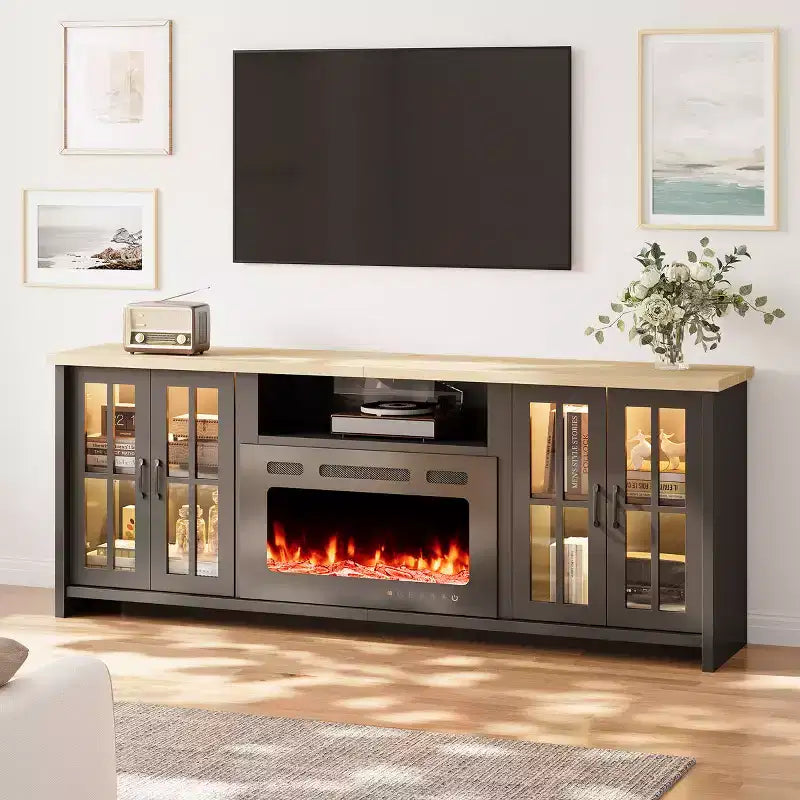 Meuble TV EROMMY 78 avec cheminée pour téléviseurs jusqu'à 90 pouces, meuble TV de style ferme avec grand espace de rangement, lumières LED et étagères réglables