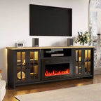 Meuble TV EROMMY 78 avec cheminée pour téléviseurs jusqu'à 90 pouces, meuble TV de style ferme avec grand espace de rangement, lumières LED et étagères réglables