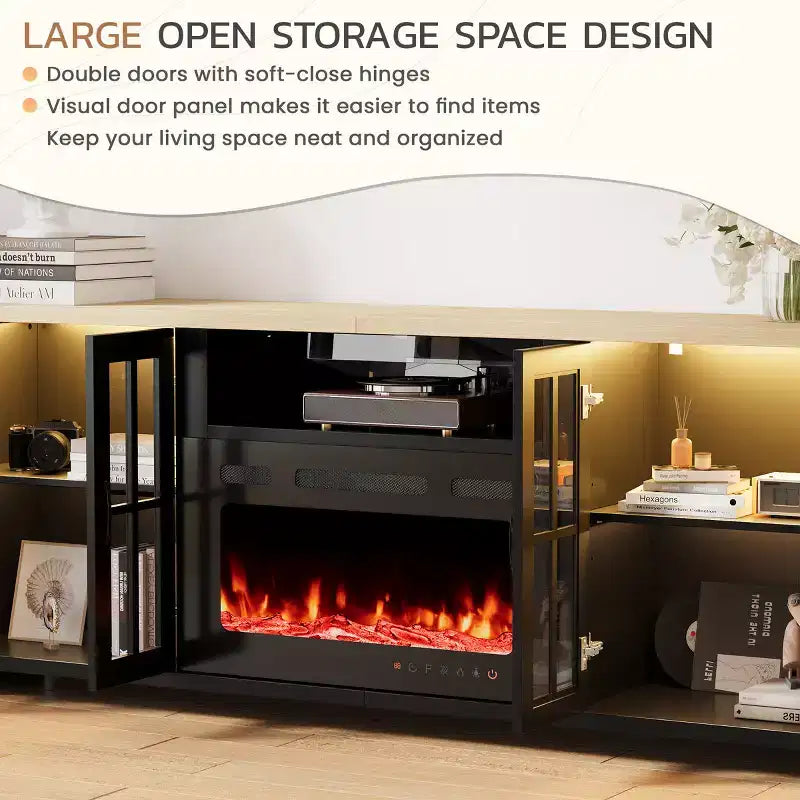 Meuble TV EROMMY 78 avec cheminée pour téléviseurs jusqu'à 90 pouces, meuble TV de style ferme avec grand espace de rangement, lumières LED et étagères réglables
