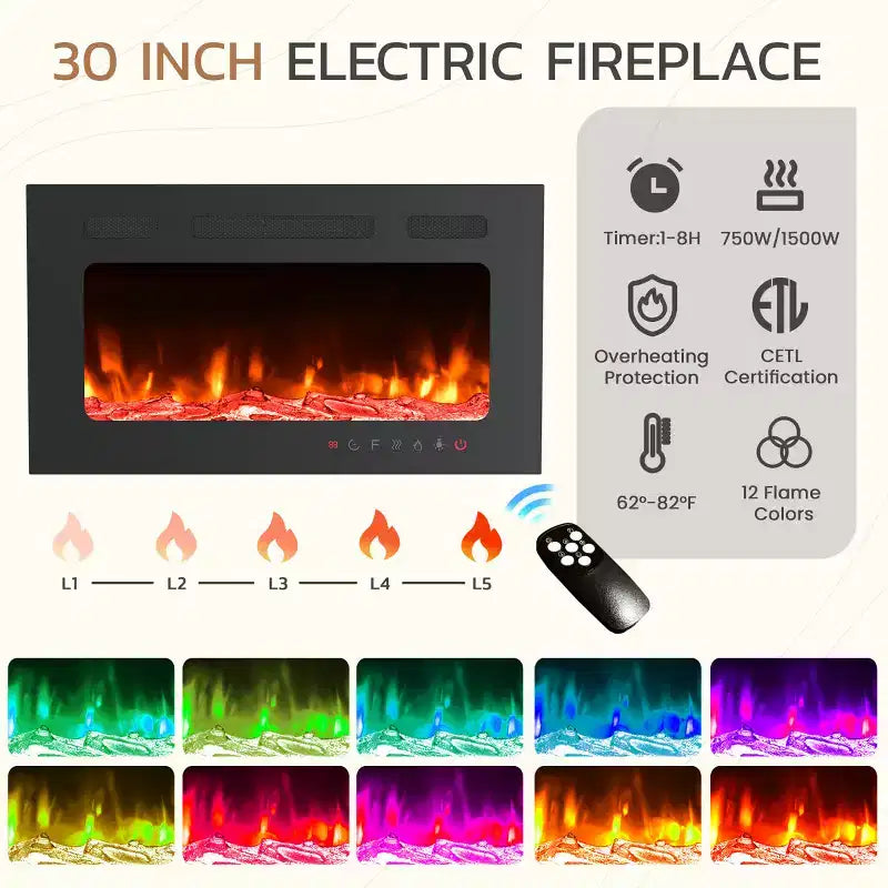 Meuble TV EROMMY 78 avec cheminée pour téléviseurs jusqu'à 90 pouces, meuble TV de style ferme avec grand espace de rangement, lumières LED et étagères réglables