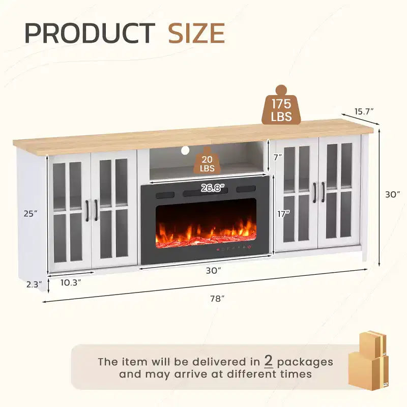 Meuble TV EROMMY 78 avec cheminée pour téléviseurs jusqu'à 90 pouces, meuble TV de style ferme avec grand espace de rangement, lumières LED et étagères réglables