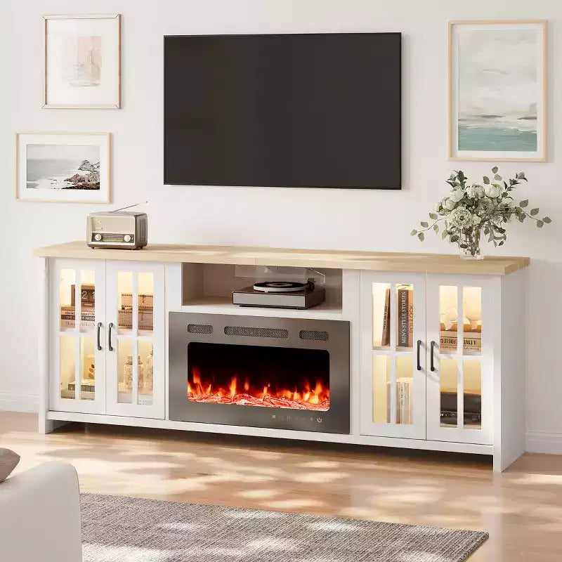 Meuble TV EROMMY 78 avec cheminée pour téléviseurs jusqu'à 90 pouces, meuble TV de style ferme avec grand espace de rangement, lumières LED et étagères réglables
