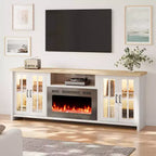 Meuble TV EROMMY 78 avec cheminée pour téléviseurs jusqu'à 90 pouces, meuble TV de style ferme avec grand espace de rangement, lumières LED et étagères réglables