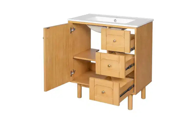 JVNOXK Meuble sous-vasque rustique moderne en céramique de 30 pouces avec 3 tiroirs et 1 grande porte à fermeture douce, meuble de rangement, grain de bois naturel