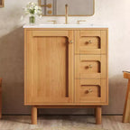 JVNOXK Meuble sous-vasque rustique moderne en céramique de 30 pouces avec 3 tiroirs et 1 grande porte à fermeture douce, meuble de rangement, grain de bois naturel