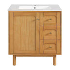 JVNOXK Meuble sous-vasque rustique moderne en céramique de 30 pouces avec 3 tiroirs et 1 grande porte à fermeture douce, meuble de rangement, grain de bois naturel