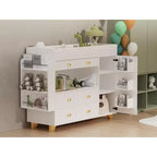 JVNOXK Coiffeuse moderne de 137 cm de large, table à langer, grand plateau, trois tiroirs, commode avec 12 tiroirs et étagères de rangement Blanche