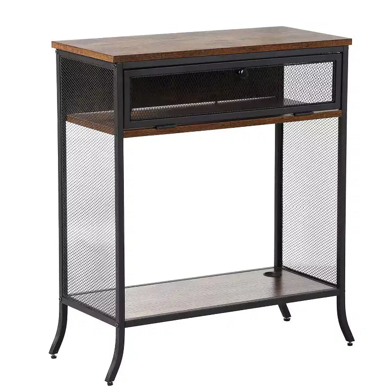 Console industrielle VECELO avec tiroir et étagères ouvertes, Table d'entrée rustique en bois et maille métallique, Table d'appoint de rangement pour salon ou couloir