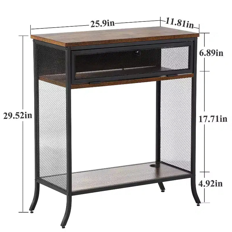 Console industrielle VECELO avec tiroir et étagères ouvertes, Table d'entrée rustique en bois et maille métallique, Table d'appoint de rangement pour salon ou couloir