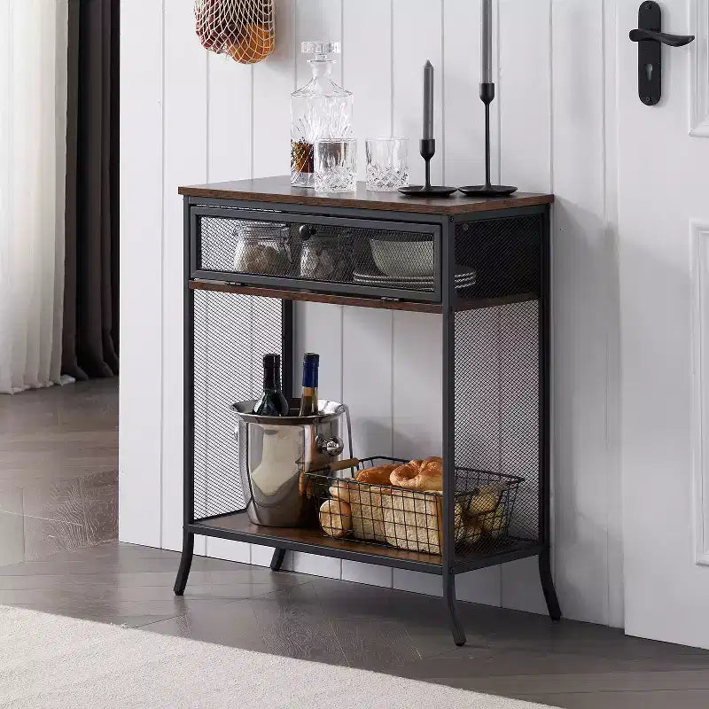Console industrielle VECELO avec tiroir et étagères ouvertes, Table d'entrée rustique en bois et maille métallique, Table d'appoint de rangement pour salon ou couloir