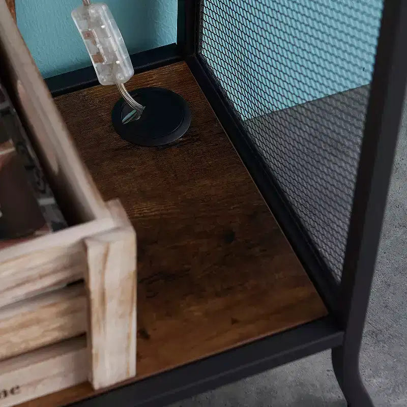 Console industrielle VECELO avec tiroir et étagères ouvertes, Table d'entrée rustique en bois et maille métallique, Table d'appoint de rangement pour salon ou couloir