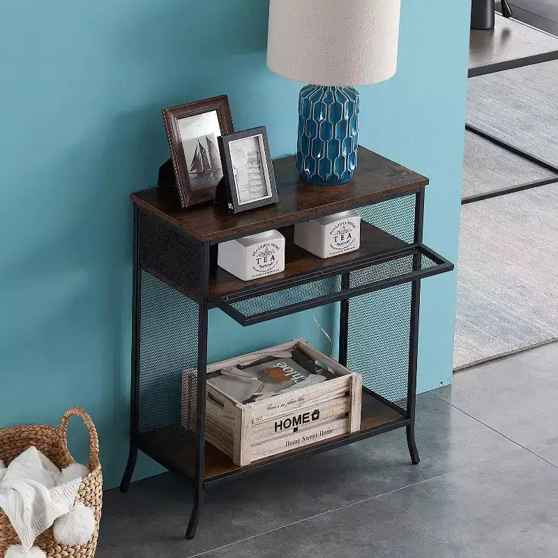 Console industrielle VECELO avec tiroir et étagères ouvertes, Table d'entrée rustique en bois et maille métallique, Table d'appoint de rangement pour salon ou couloir
