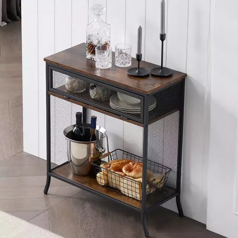 Console industrielle VECELO avec tiroir et étagères ouvertes, Table d'entrée rustique en bois et maille métallique, Table d'appoint de rangement pour salon ou couloir
