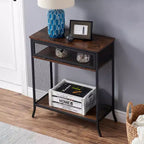 Console industrielle VECELO avec tiroir et étagères ouvertes, Table d'entrée rustique en bois et maille métallique, Table d'appoint de rangement pour salon ou couloir