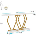 Table de canapé extra longue Lantine de 180 cm, console blanche et dorée avec plateau en faux marbre, table d'entrée moderne longue avec cadre doré