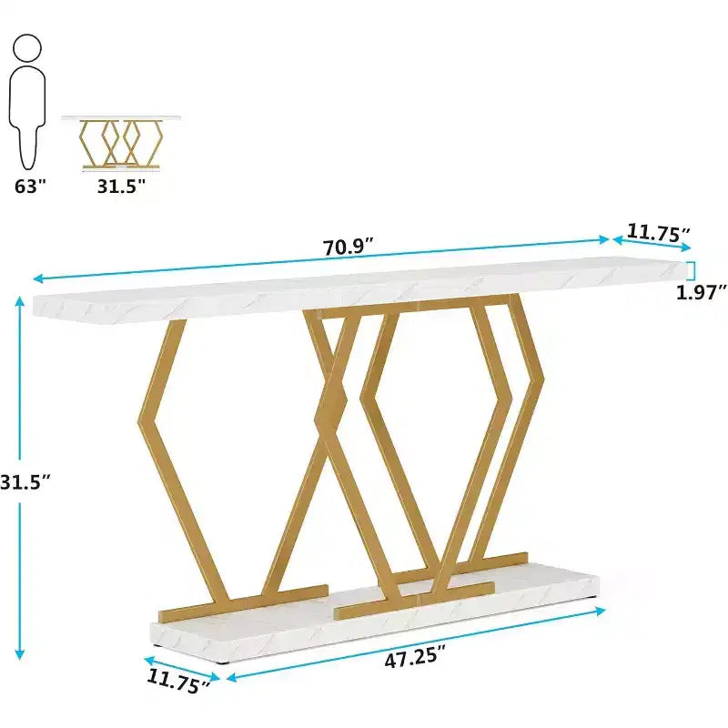 Table de canapé extra longue Lantine de 180 cm, console blanche et dorée avec plateau en faux marbre, table d'entrée moderne longue avec cadre doré