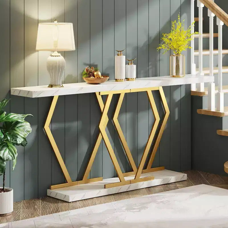 Table de canapé extra longue Lantine de 180 cm, console blanche et dorée avec plateau en faux marbre, table d'entrée moderne longue avec cadre doré