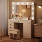 Coiffeuse blanche avec miroir et lumière, Table de maquillage avec station de charge, Commode de rangement à tiroirs, Coiffeuse moderne en bois pour chambre à coucher