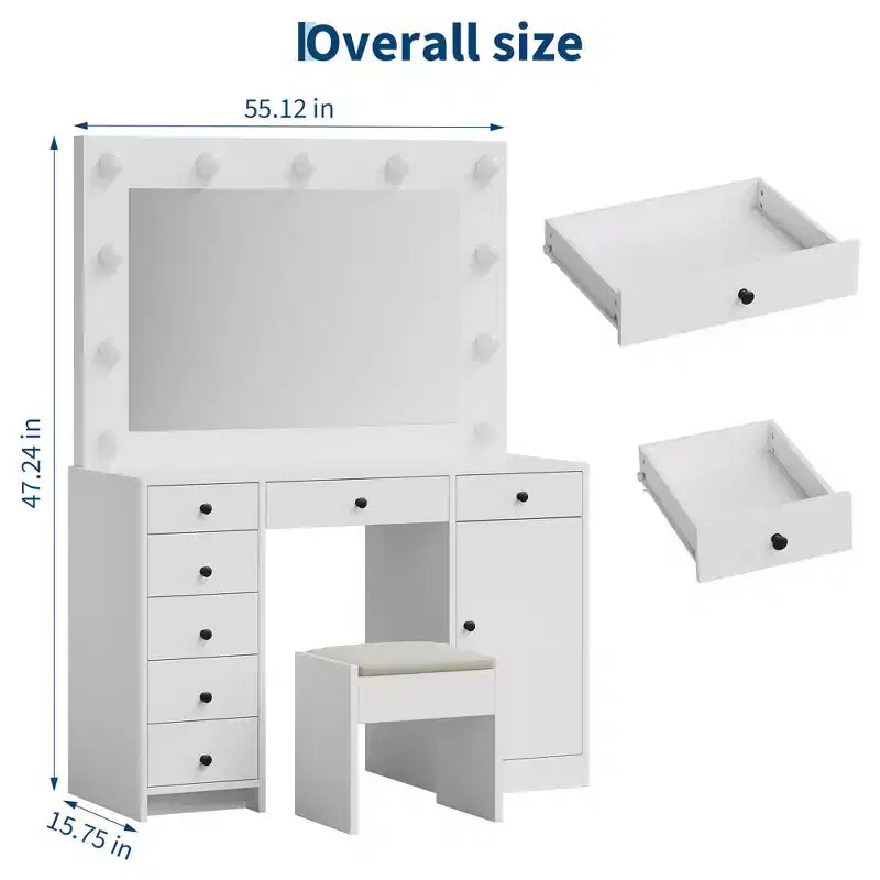 Coiffeuse blanche avec miroir et lumière, Table de maquillage avec station de charge, Commode de rangement à tiroirs, Coiffeuse moderne en bois pour chambre à coucher
