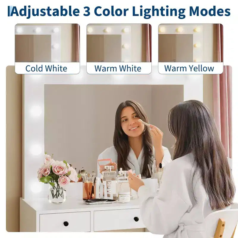 Coiffeuse blanche avec miroir et lumière, Table de maquillage avec station de charge, Commode de rangement à tiroirs, Coiffeuse moderne en bois pour chambre à coucher