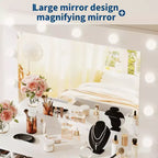 Coiffeuse blanche avec miroir et lumière, Table de maquillage avec station de charge, Commode de rangement à tiroirs, Coiffeuse moderne en bois pour chambre à coucher