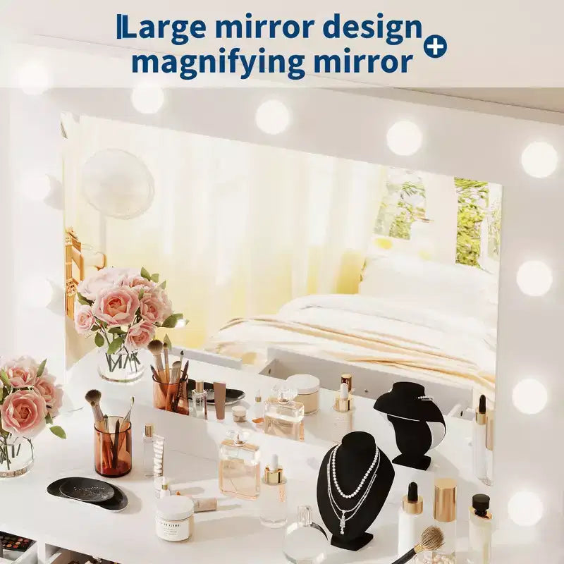 Coiffeuse blanche avec miroir et lumière, Table de maquillage avec station de charge, Commode de rangement à tiroirs, Coiffeuse moderne en bois pour chambre à coucher