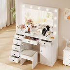 Coiffeuse blanche avec miroir et lumière, Table de maquillage avec station de charge, Commode de rangement à tiroirs, Coiffeuse moderne en bois pour chambre à coucher