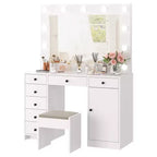 Coiffeuse blanche avec miroir et lumière, Table de maquillage avec station de charge, Commode de rangement à tiroirs, Coiffeuse moderne en bois pour chambre à coucher