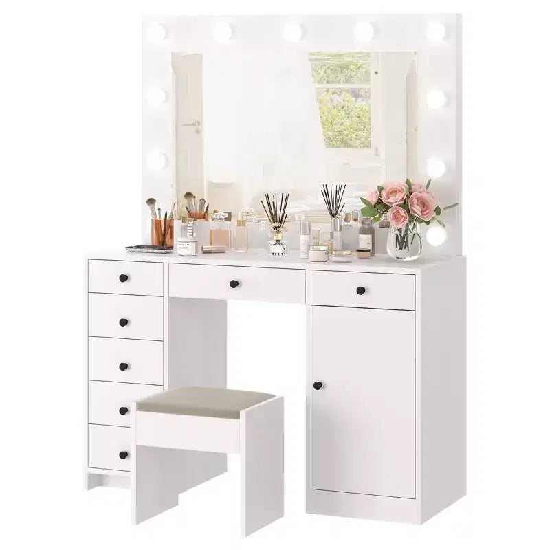 Coiffeuse blanche avec miroir et lumière, Table de maquillage avec station de charge, Commode de rangement à tiroirs, Coiffeuse moderne en bois pour chambre à coucher