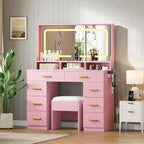 COZONY Coiffeuse de maquillage 42 LED avec grand miroir, 8 tiroirs, station de charge et tabouret de rangement, Rose