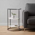Table d'appoint ronde HomeRoots 24 en métal noir, verre et faux marbre avec deux étagères