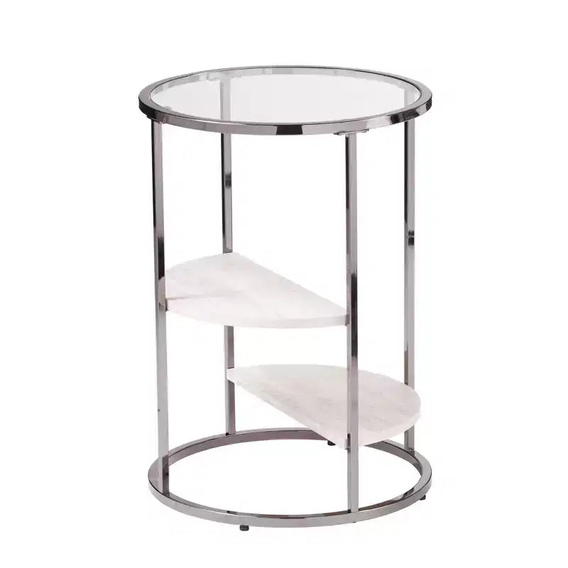 Table d'appoint ronde HomeRoots 24 en métal noir, verre et faux marbre avec deux étagères