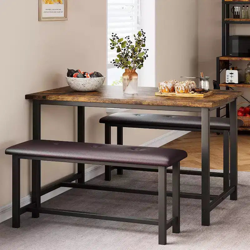 Ensemble table à manger pour 4, table de cuisine avec bancs, ensemble table de salle à manger rectangulaire avec 2 bancs rembourrés, ensemble table à manger 3 pièces pour petits espaces
