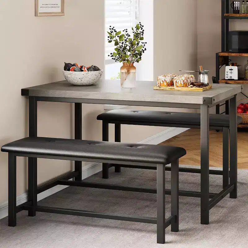 Ensemble table à manger pour 4, table de cuisine avec bancs, ensemble table de salle à manger rectangulaire avec 2 bancs rembourrés, ensemble table à manger 3 pièces pour petits espaces